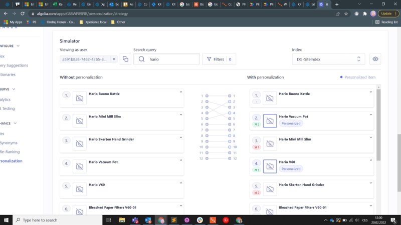 Personalization in Algolia admin interface